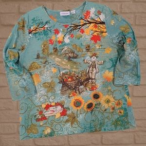 *SOLD* Fall Themed Top Size XL Earthtone Colors Sunflowers Scarecrow Sequins